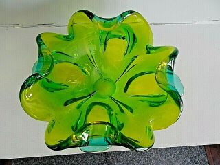 Large Vintage Murano Freeform Art Glass Green Over Lime Petal Bowl