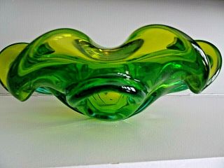 Large Vintage Murano Freeform Art Glass Green over Lime Petal Bowl 2