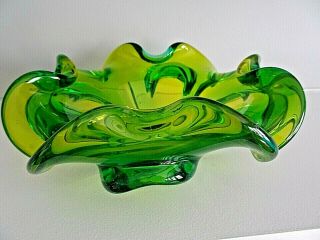 Large Vintage Murano Freeform Art Glass Green over Lime Petal Bowl 3