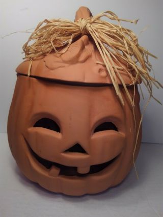 Fun Vintage Terra Cotta Pumpkin Jack O Lantern Funny Face Halloween Decor
