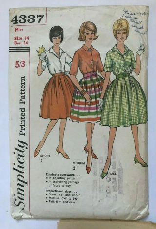 Vintage C1960s Rockabilly Skirt & Blouse Pattern Simplicity 4337 Sz 14 Uncut