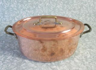 Vintage French Tournus Copper Oval Casserole Lined Pan W Lid Brass Handles