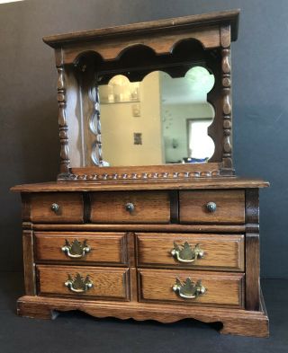 Vintage Wood Jewelry Cabinet Box W/mirror Dresser 7 - Drawers