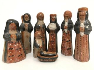 Vintage Mexican 9 Piece Hand Painted Nativity Set Smooth Pottery Folk Art