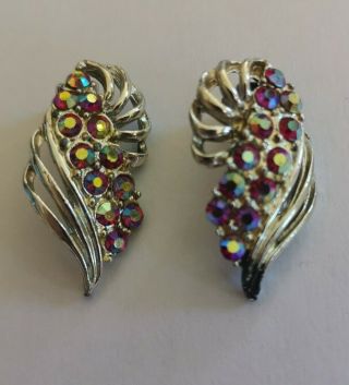 Vintage Aurora Borealis Rhinestone Clip On Earrings