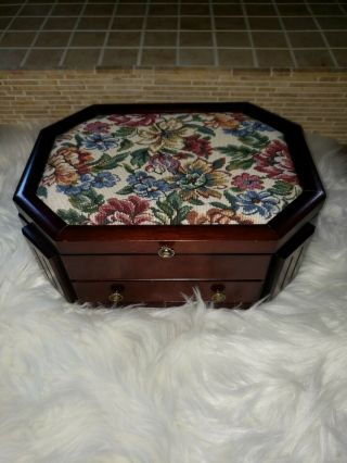Vintage Jewelry Box Ring Case Needle Point Top Mirror Solid Wood