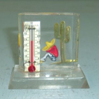 Vintage Tijuana Mexico Souvenir Mini Thermometer Lucite Sleeping Man Cactus