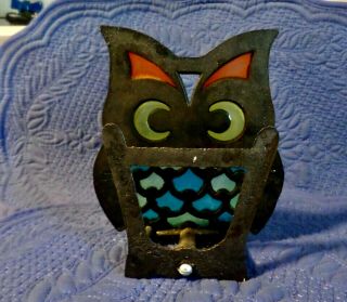 Vintage Owl 1960s - 70s Stained Blue Yellow Glass Cast Iron Napkin Holder Retro 2