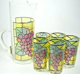 Vintage West Virginia Stained Glass 6 Piece Grapes Pitcher Tumblers Set
