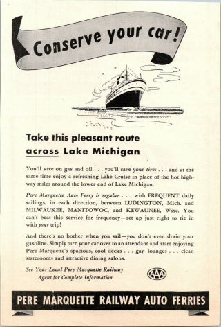 Pere Marquette Railway Auto Ferry Lake Michigan Travel 1945 Vintage Print Ad