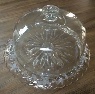 Vintage Etched Glass Pedestal Cake Stand With Dome Cover And Grapes
