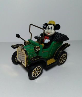 Vintage Masudaya Mickey Mouse In 1908 T Ford Green Toy Car Missing 1 Tire