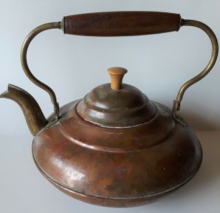 Small Vintage Rustic Copper Kettle With Wooden Handle.  Made In Holland