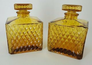 Vintage Amber Glass Bar Ware Decanter Bottle With Stopper Set Of 2 Made In Japan
