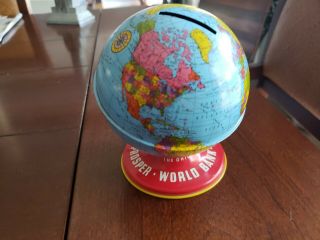 Ohio Art Toy Co.  Tin - Litho Small World Globe Coin Bank Change Vintage Minty