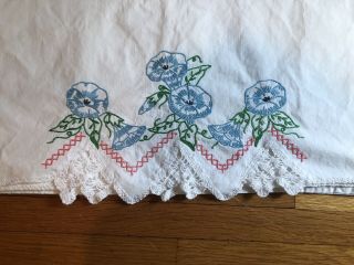 Vintage Embroidered Pillowcase Standard Blue Flowers With Pink Accent Cotton