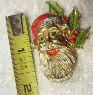Vintage Green Rhinestone Eye Santa Claus Christmas Pin,  Holly Enamel,  Gold Back