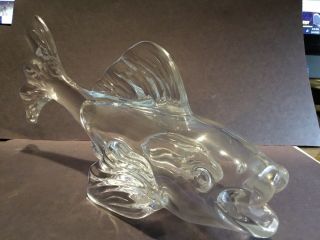 Mid Century Vintage Heavy Art Glass Open Mouth Clear Koi Fish Hollow Vase 11”