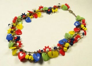Vintage Multi Color Glass Bead Heart Flower Choker 16 " Necklace Costume Jewelry