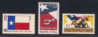 Texas Flag - Lone Star State - Set Of 3 U.  S.  Postage Stamps -