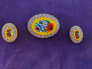 Vintage Micro - Mosaic Oval Pin Brooch & Clip Earrings - Made In Italy