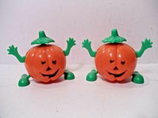 2 Vintage Plastic Pumpkin Halloween Wind Up Jack O 