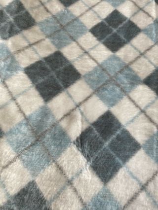 Vtg Biederlack Acrylic Velours Blanket Grey & Soft Blue Argyle Plaid 74 " X55”