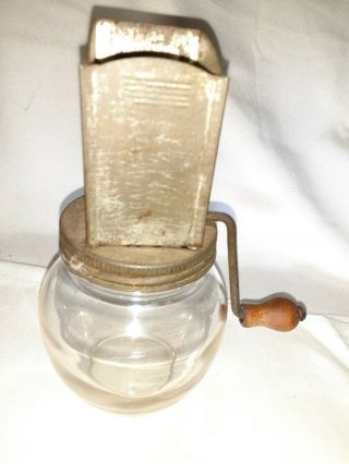 Vintage Nut Chopper Kitchen Grinder Anchor Hocking Glass Jar W/ Red Wood Handle