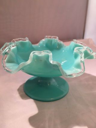 Fenton Turquoise Silvercrest Ruffled Pedestal Glass Dish - Vintage