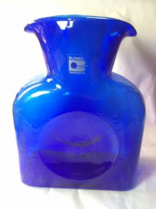 Vtg Blenko Art Glass Cobalt Blue Carafe Water Bottle Jug Decanter Pitcher Label