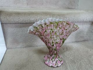 Vintage Fenton Vasa Murrhina Cased Green Pink White Adventurine Glass Fan Vase