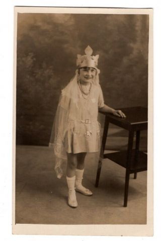 091420 Vintage Rppc Real Photo Postcard Little Girl In Costume Crown With Veil