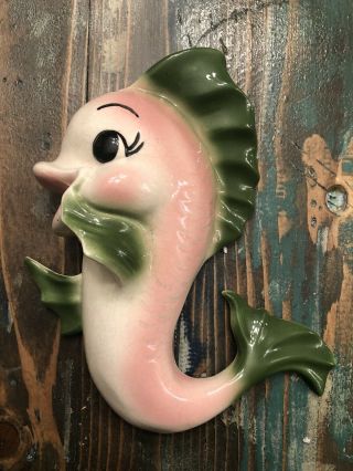 Vintage Freeman Mcfarlin Fish Mermaid Wall Pocket Plaque Pink/green Fins 8 "