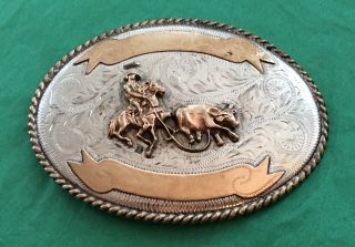 Vintage Old Western Cowboy & Horse Cattle Calf Roping Trophy Banner Belt Buckle
