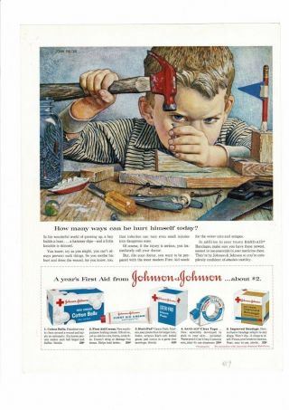 Vintage 1959 Jonhson Johnston First Aid Sterile Boy Hammer John Falter Ad Print