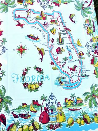 Vtg 1950s Florida State Souvenir Tablecloth Boats Citrus Palms Flamingoes Miami