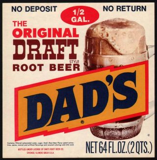 Vintage Soda Pop Bottle Label Dads Draft Root Beer 64oz Half Gallon