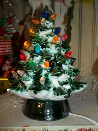 Snowy Noble Fir Xmas Ceramic Tree Light Vtg 80s Style Full Of Tree Light Bulbs