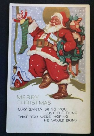 Colorful Santa Claus With Stocking Toys Vintage Christmas Postcard - S729