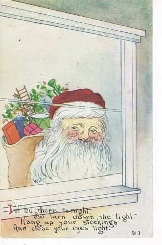 Santa Claus` Peeking Out Window Vintage Arts & Crafts Christmas Postcard - M338