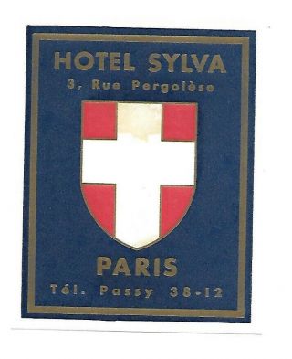Authentic Vintage Luggage Label Hotel Sylva Paris,  France
