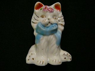 Vintage Kitty Cat Figurine Japan Hand Painted White Porcelain Art Pottery Bow