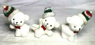 Vintage Set Of 3 White Snow Bear Ornaments Wearing Red Green And White Knit Hats