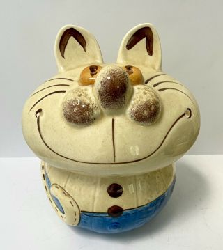Vintage 1970s Doranne Of California Yellow Cat Ceramic Cookie Jar Cheshire Grin