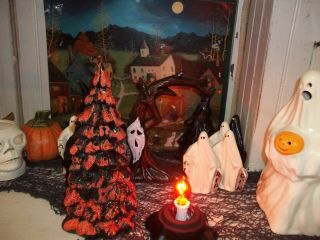 Vtg Inspired Orange Snowy Spooky Midnight Black Halloween Ceramic Tree Light