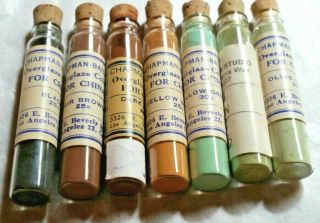 7 Vials Chapman Bailey China Powders,  Asst.  Earth Tone Colors,  Most Full,  Vintage