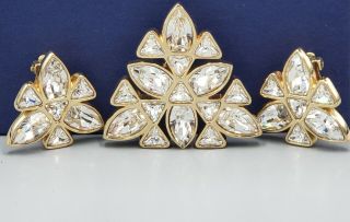 Signed Sal Swarovski Vintage Set Brooch Clips Earrings Clear Crystal Gold Tone
