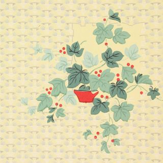 1940s Vintage Wallpaper Green Ivy Red Berries On Yellow Basket Weave