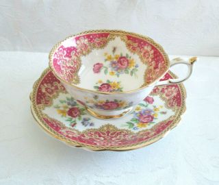 Vintage Double " Paragon " Honiton Cup & Saucer,  Red With Assorted Flowers