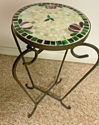 Vintage Folding Plant Stand Round Mosaic Top Wrought Iron Base Garden Table